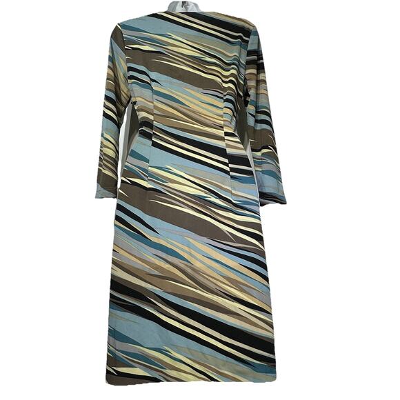 BCBG MaxAzria Stretch Dress M Surplice Wrap Blue Brown Stripe 3/4 Sleeve - Picture 4 of 6